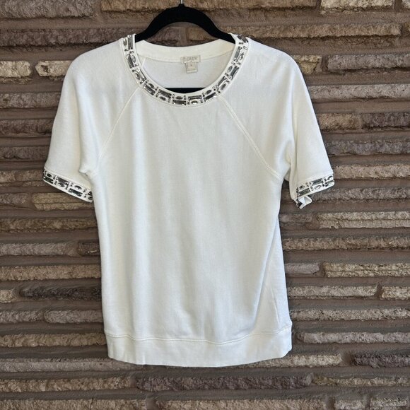 J. Crew White Knit Beaded Jeweled Neckline Short Sleeve Sweater Size Small - Picture 7 of 8